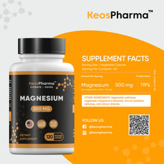 KeosPharma magnesium capsules close-up shows 500mg dose for muscle and nerve support.