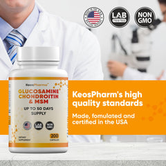 KeosPharma MSM Glucosamine Chondroitin capsules close-up showing smooth coating and consistency.