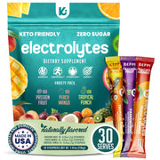 Keppi electrolytes tropical flavor packets in box, zero sugar hydration for daily workouts.