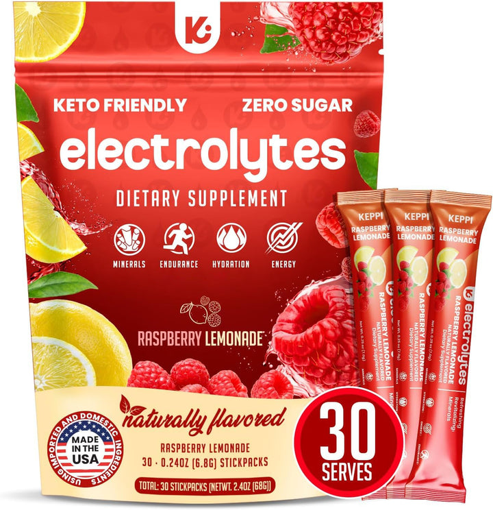 Keppi Electrolytes Raspberry Lemonade packets for zero-calorie hydration on the go.
