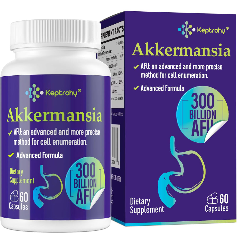 Keptrohy Akkermansia probiotic bottle label highlighting 300B AFU for gut health support