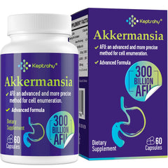 Keptrohy Akkermansia probiotic bottle label highlighting 300B AFU for gut health support
