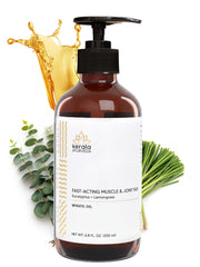 Kerala Ayurveda Myaxyl bottle pour shows a soothing massage for muscles