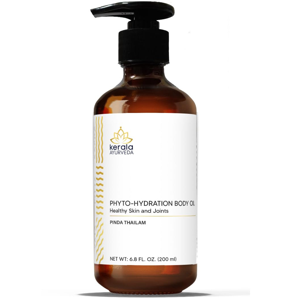 Kerala Ayurveda Pinda Thailam bottle showing sesame based oil for skin hydration