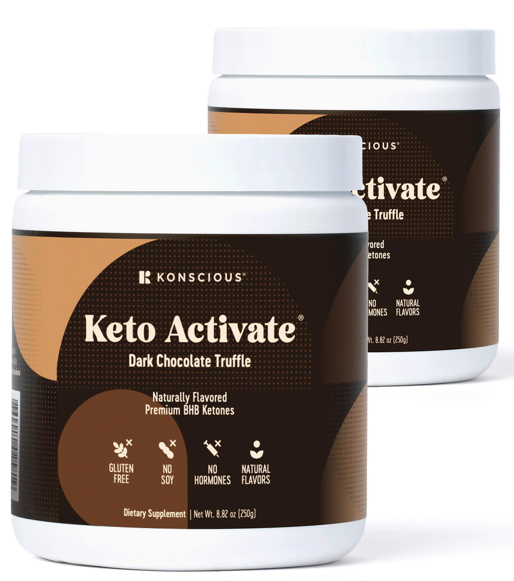 Keto Activate dark chocolate truffle powder tin offers steady energy support.