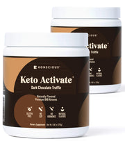 Keto Activate dark chocolate truffle powder tin offers steady energy support.