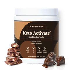 Keto Activate dark chocolate powder with scoop for keto energy support