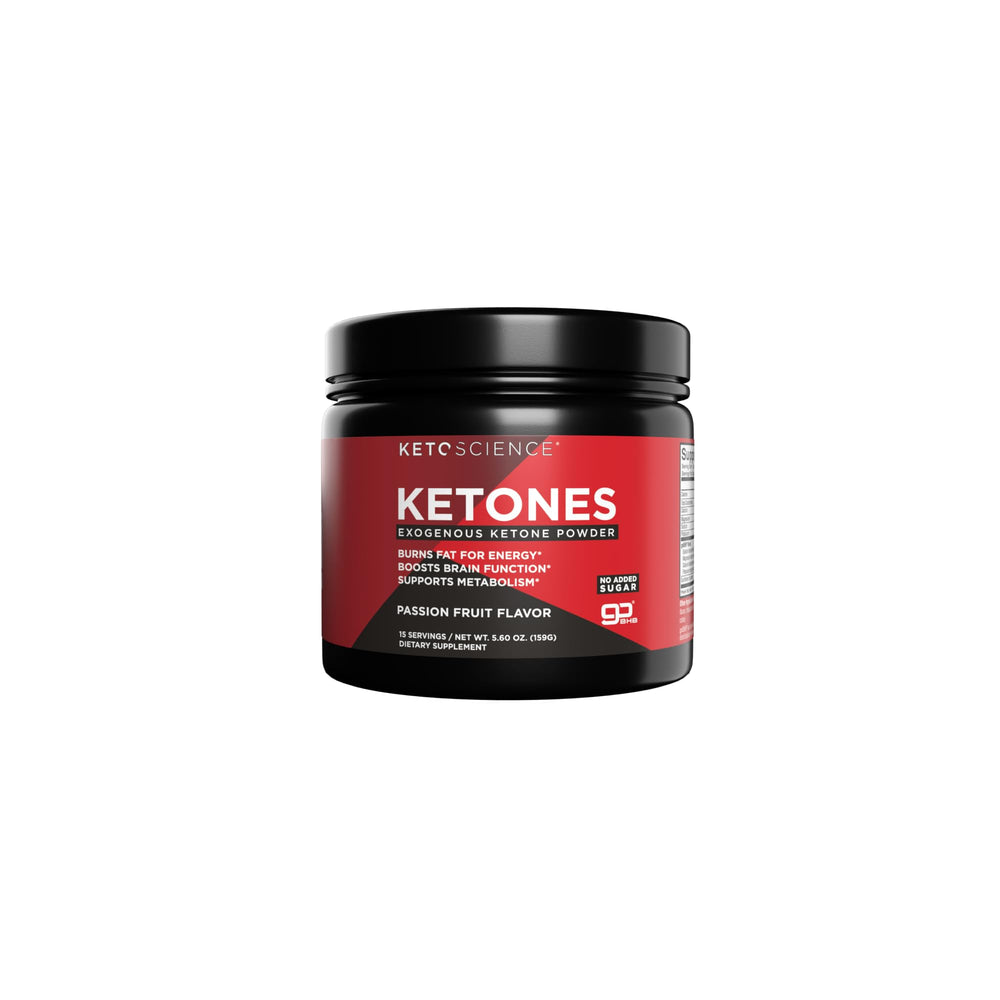 KETO SCIENCE Ketones Powder bottle on shelf for energy and focus.
