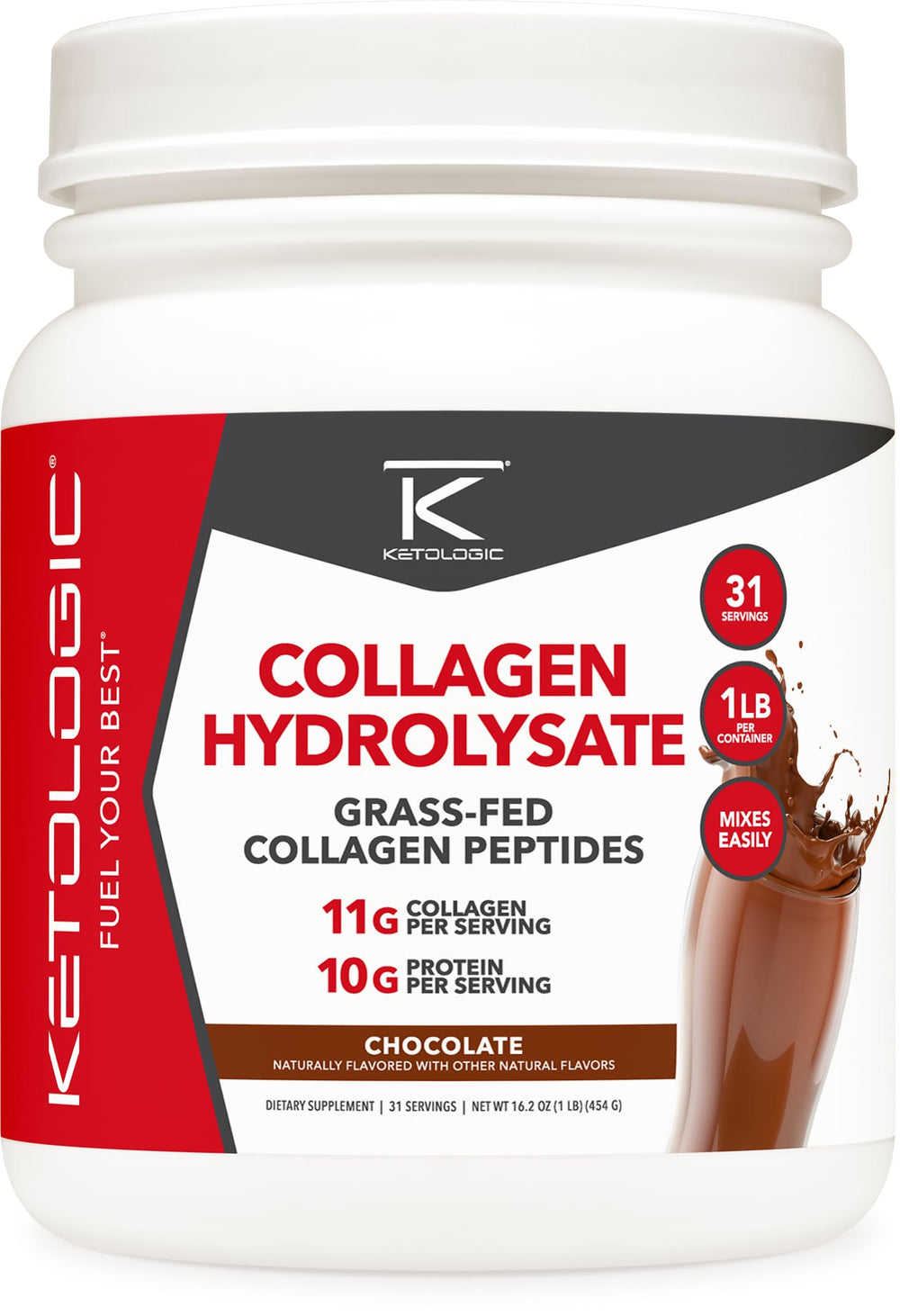 Ketologic Grass-Fed Collagen chocolate powder jar front view showing label for daily protein use