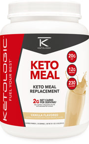 Ketologic Ketomeal vanilla bottle highlights macro balance for keto meals.