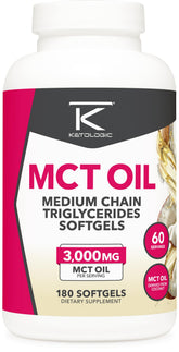 Ketologic MCT Oil Softgels bottle front emphasizes 60 servings for convenient energy.