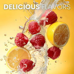Pouring Keto Vitals Electrolytes Powder Raspberry Lemonade into a glass for immediate hydration.