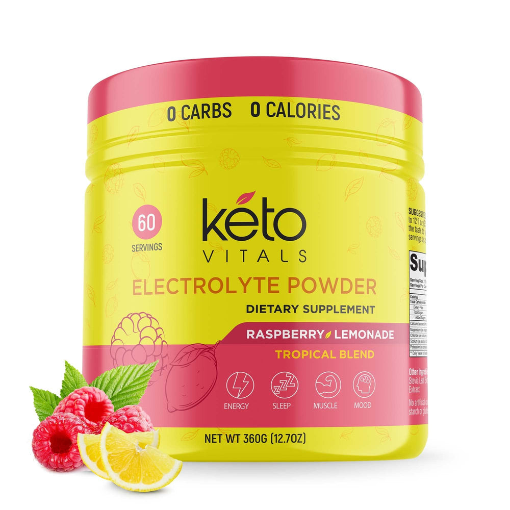 Keto Vitals Electrolytes Powder Raspberry Lemonade tub for sugar-free hydration.