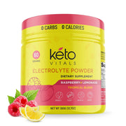 Keto Vitals Electrolytes Powder Raspberry Lemonade tub for sugar-free hydration.