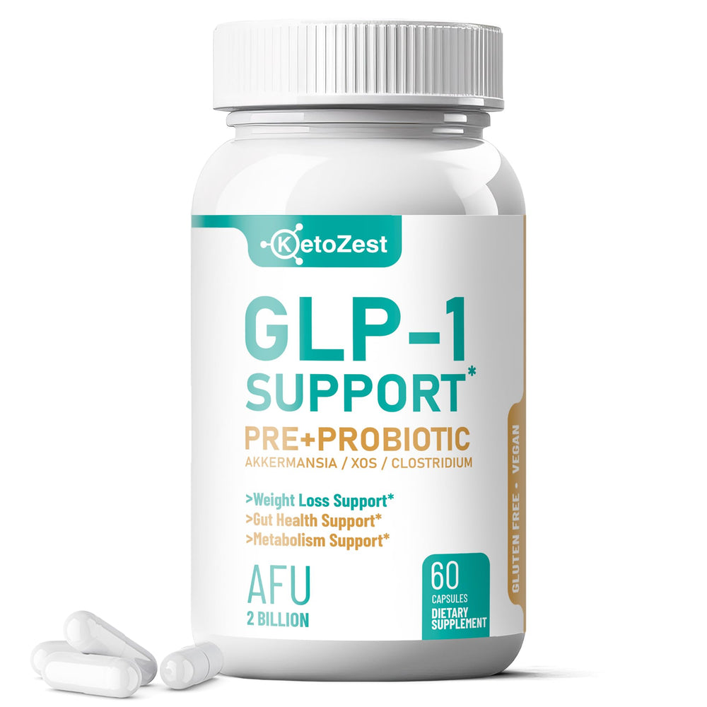 KetoZest GLP-1 Support bottle label highlights vegan, gluten-free wellness benefits