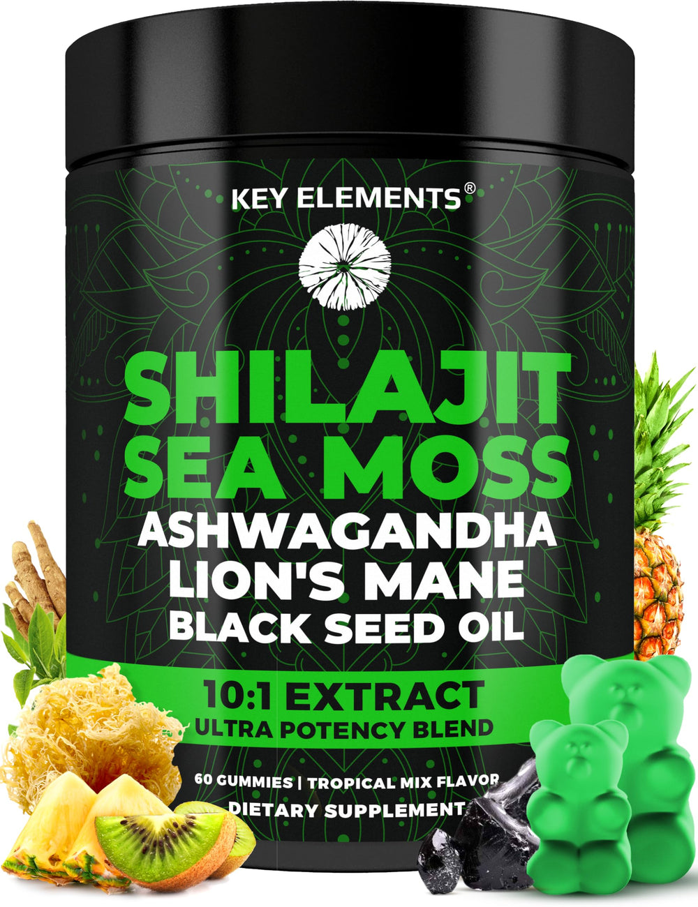 KEY ELEMENTS Himalayan Shilajit Gummies with tropical flavor for daily wellness.