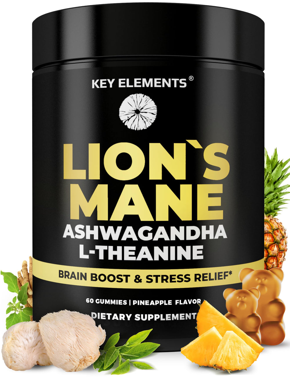 KEY ELEMENTS Lion's Mane gummies bottle shows focus-supporting, relaxing ingredients.