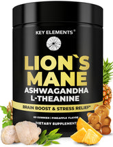 KEY ELEMENTS Lion's Mane gummies bottle shows focus-supporting, relaxing ingredients.