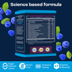 Pouring KEY NUTRIENTS blue raspberry electrolyte powder into a glass for refreshing hydration
