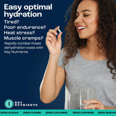 KEY NUTRIENTS electrolyte tablets packaging showcasing 200 capsules and no sugar.