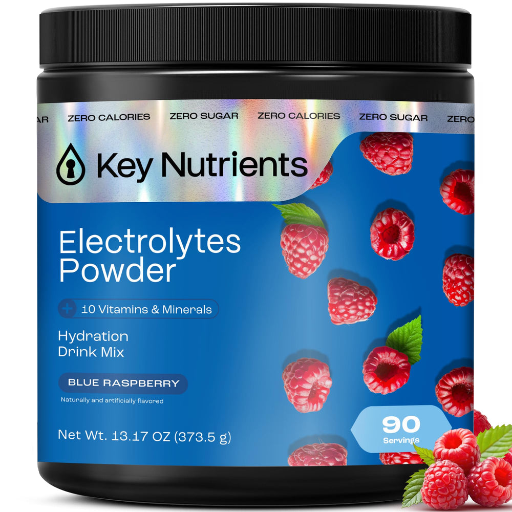 KEY NUTRIENTS electrolytes powder blue raspberry tub for sugar-free hydration during workouts.