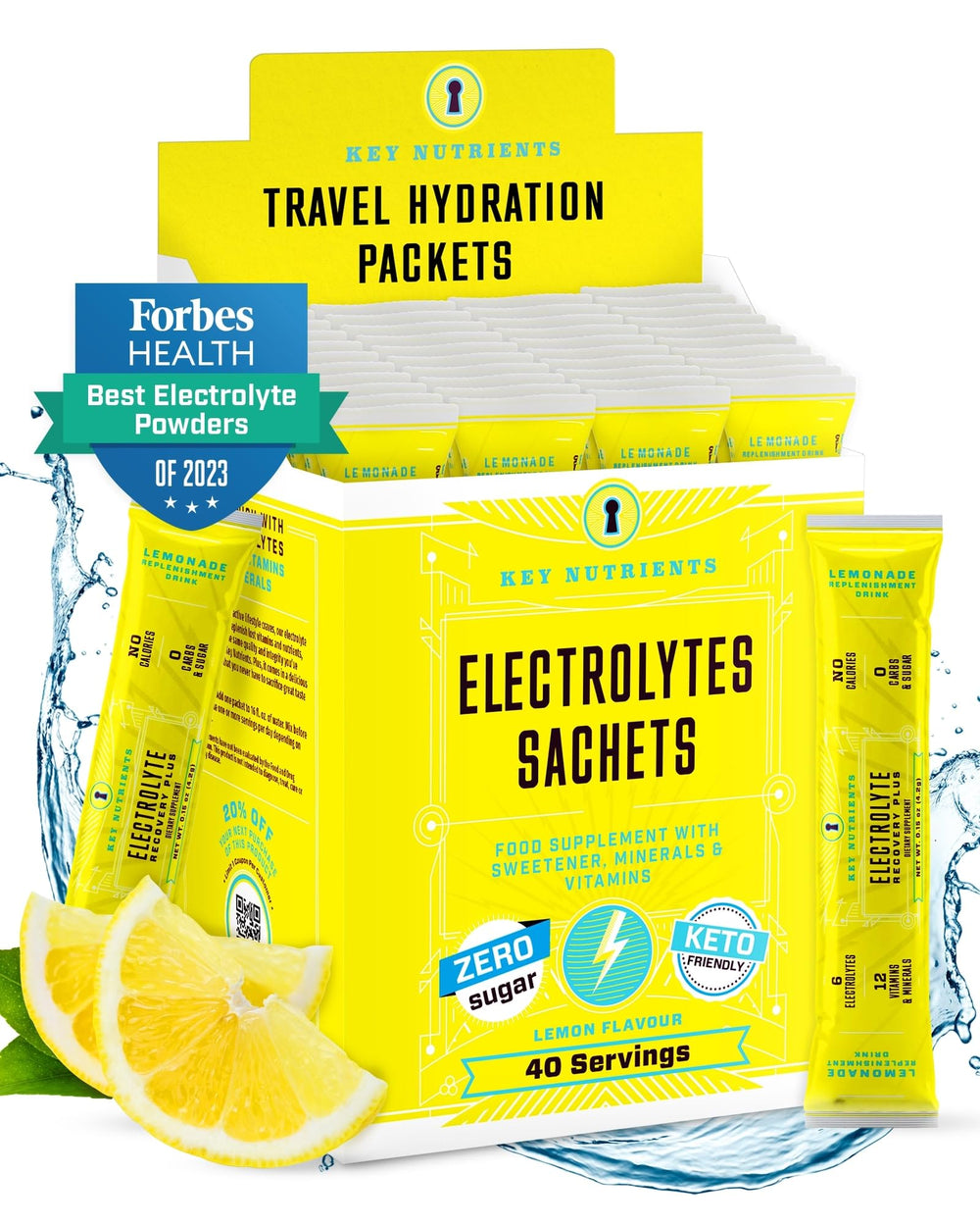 KEY NUTRIENTS electrolytes lemonade pack front for zero-calorie hydration during workouts