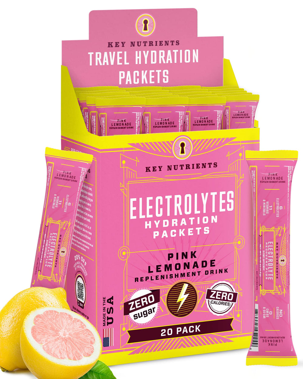 KEY NUTRIENTS electrolytes powder packets on countertop for on-the-go hydration