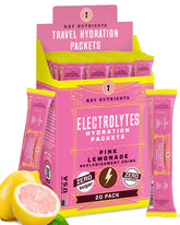KEY NUTRIENTS electrolytes powder packets on countertop for on-the-go hydration