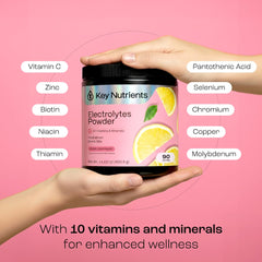 KEY NUTRIENTS mixing packet in water demonstrates fast, no-sugar hydration on the go.
