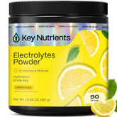 Key Nutrients lemonade electrolyte powder bottle showcases calorie-free hydration for active days.
