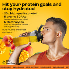KEY NUTRIENTS Peach Mango electrolyte powder label highlights electrolytes and calories-free claim.