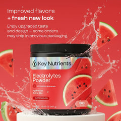 KEY NUTRIENTS watermelon electrolytes powder tub ready for quick mixing.