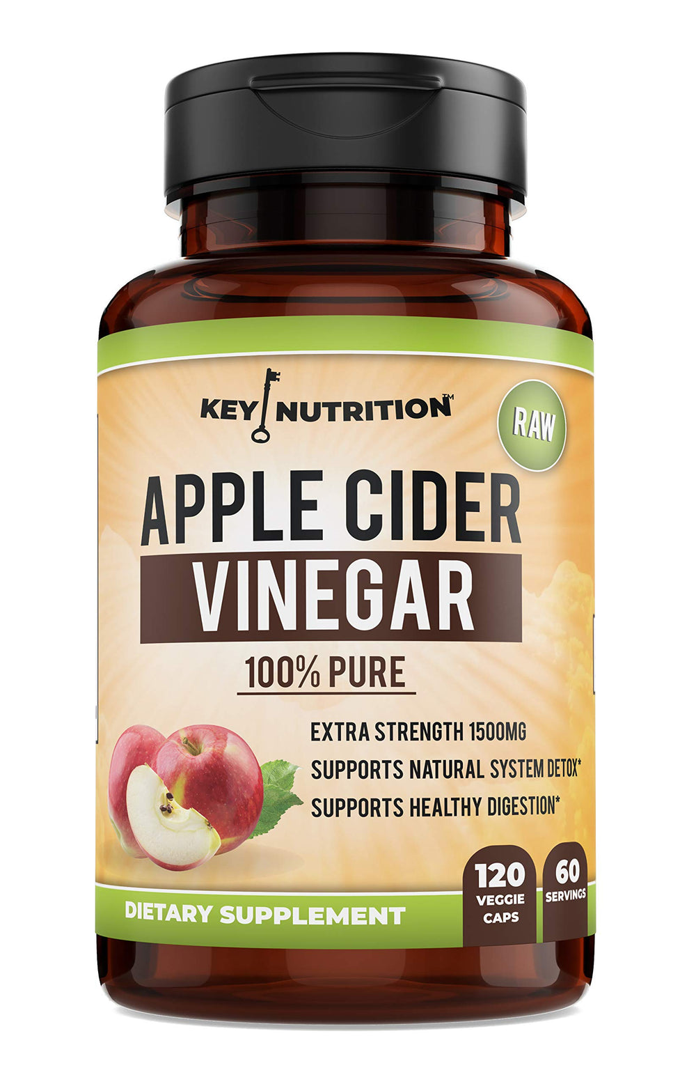 Key Nutrition ACV bottle front label with organic raw formula.