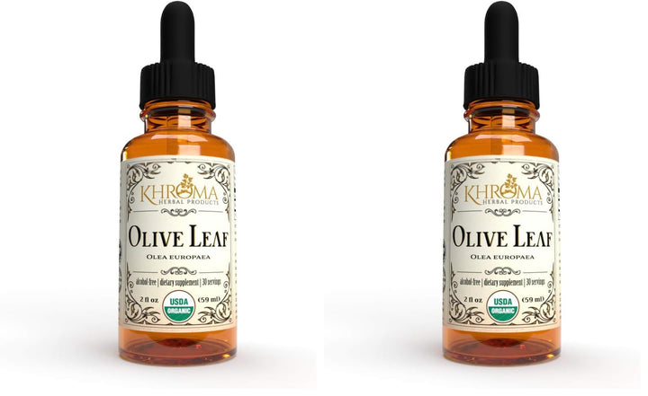 Khroma Organic Olive Leaf liquid bottle on white background, alcohol-free formula for everyday use.