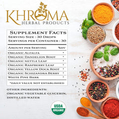 Khroma Organic Trace Minerals label close-up highlighting organic botanicals for natural mineral intake.