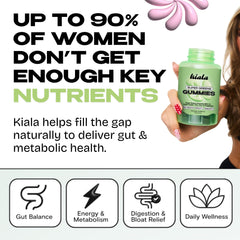 Kiala Nutrition Super Greens Gummies bottle back highlights ingredients and allergen-friendly features.