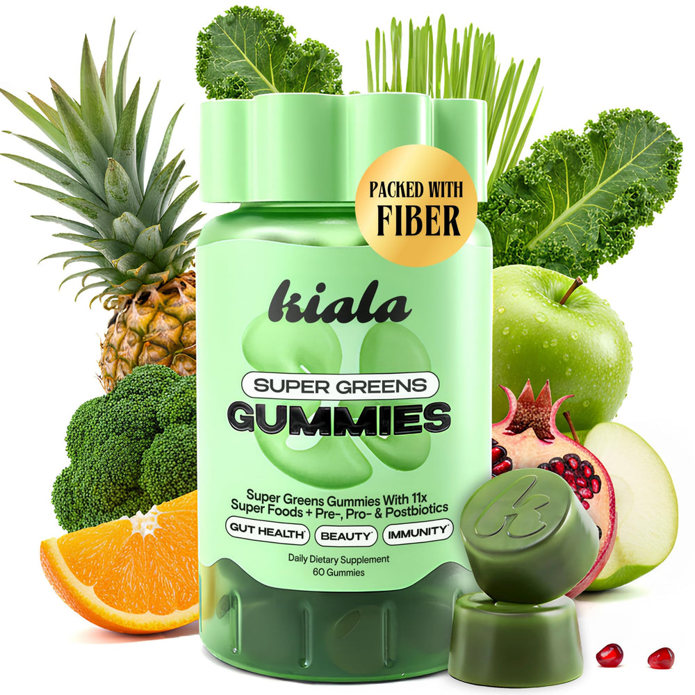 Kiala Nutrition Super Greens Gummies bottle front for daily wellness in a tasty form.