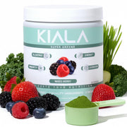 Kiala Nutrition Super Greens scoop being poured into a glass for a nutrient-rich drink
