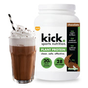 Kick Plant Protein Chocolate bottle shows no sugar and clean ingredients.