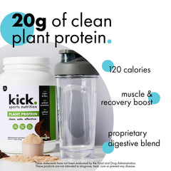 Kick Plant Protein Chocolate label highlights gluten-free formulation.