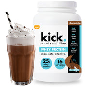 Kick Whey Protein Chocolate packaging front highlights gluten-free formula.