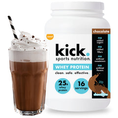 Kick Whey Protein Chocolate packaging front highlights gluten-free formula.
