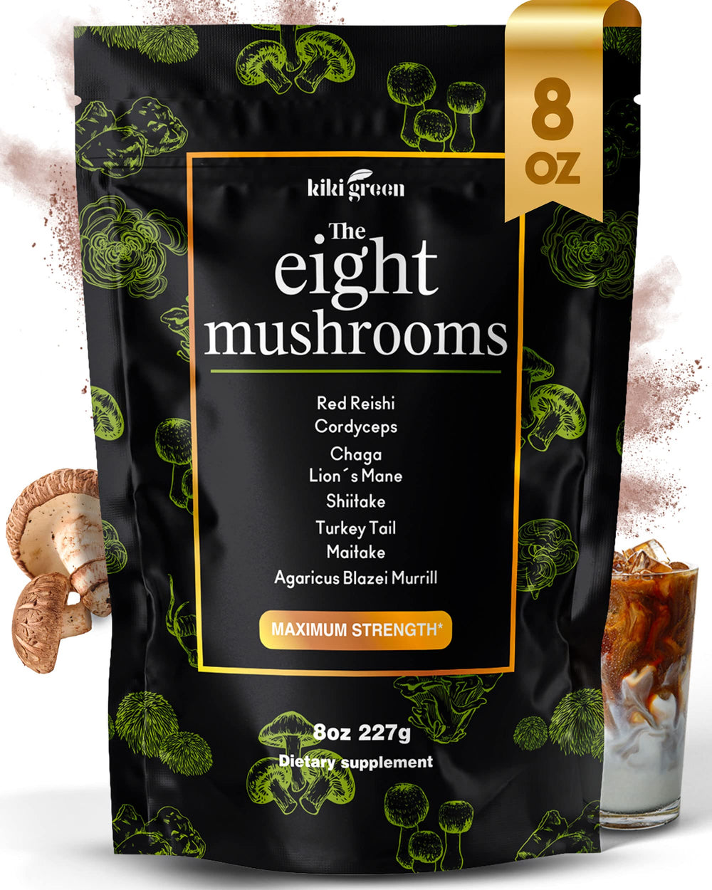 KIKI Green 8 Mushrooms bottle front showing the focus-ready blend