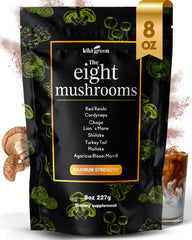 KIKI Green 8 Mushrooms bottle front showing the focus-ready blend