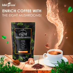 KIKI Green 8 Mushrooms smoothie pour over glass; convenient booster.