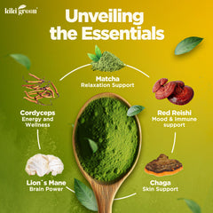 KIKI Green mushroom matcha latte in cup showing creamy texture and aroma