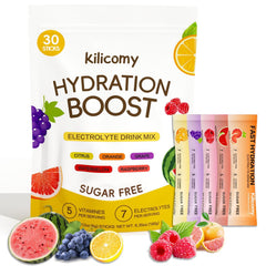 Kilicomy sugar-free electrolyte packets in grape flavor for convenient hydration during workouts.
