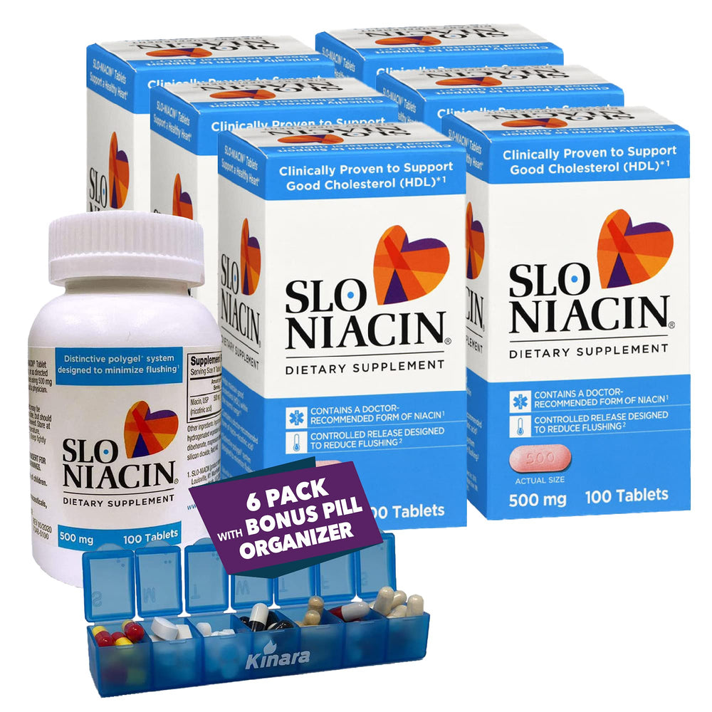 Kinara Slo Niacin bottle 500mg highlighting flush-free release and heart-supporting potential.