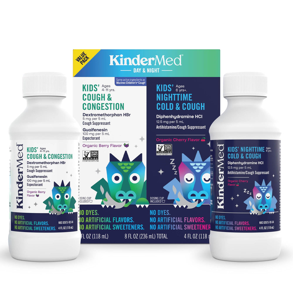 KinderMed Kids Cough Day bottle provides daytime cough relief for children.