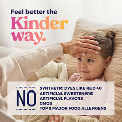 KinderMed Kids Cough Day label highlights mucus relief for active kids.